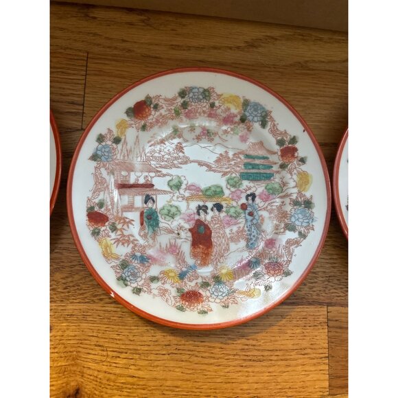 Set Of 3 Vintage Hand-Painted Japanese Porcelain Plates With Floral & Geisha Des - Picture 3 of 6